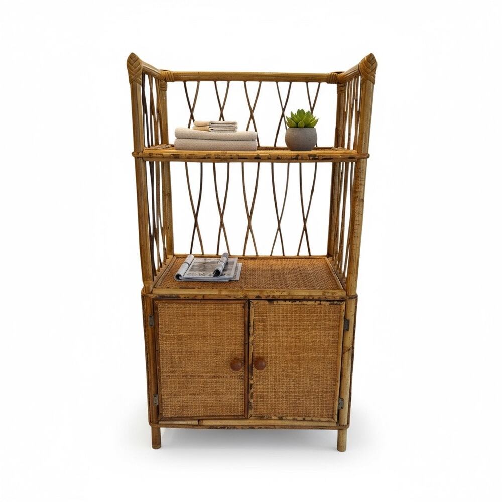 Mid 20th Century Vintage 30” Tall Bamboo Rattan Shelves Bookcase Cabinet Etagere